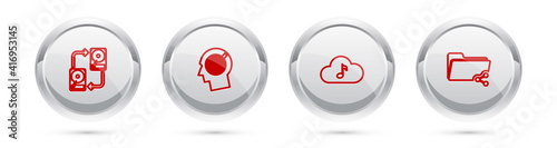 Set line Data exchange with hhd, Head hunting concept, Music streaming service and Share folder. Silver circle button. Vector.