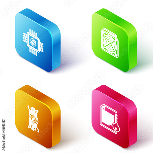 Set Isometric line Processor chip with dollar, ASIC Miner, Cryptocurrency bitcoin circuit and Smart contract icon. Vector.