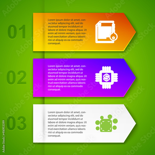 Set line Smart contract, Processor chip with dollar, ASIC Miner and Cryptocurrency bitcoin. Business infographic template. Vector.