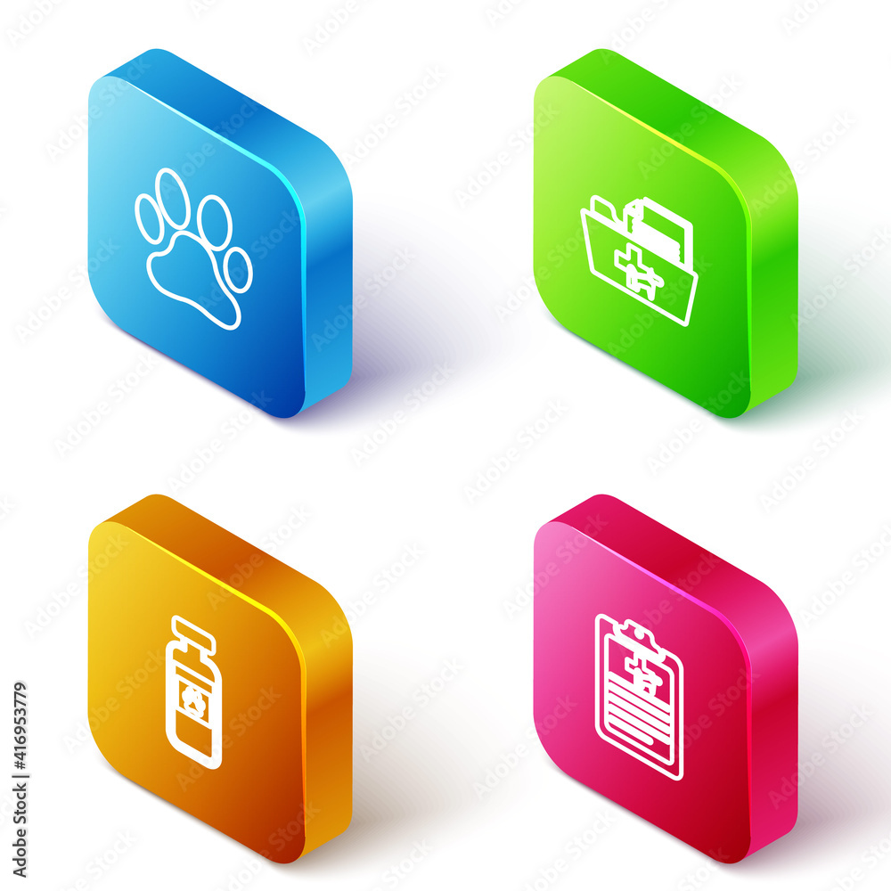 Set Isometric line Paw print, Medical veterinary record folder, Pets vial medical and Clinical pet icon. Vector. Set Isometric line Paw print, Medical veterinary record folder, Pets vial medical and Clinical pet icon. Vector.