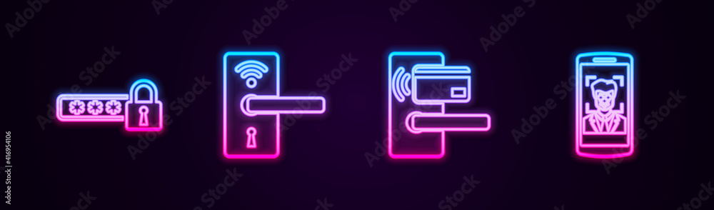 Set line Password protection, Digital door lock with wireless, and Mobile and face recognition. Glowing neon icon. Vector. Set line Password protection, Digital door lock with wireless, and Mobile and face recognition. Glowing neon icon. Vector.