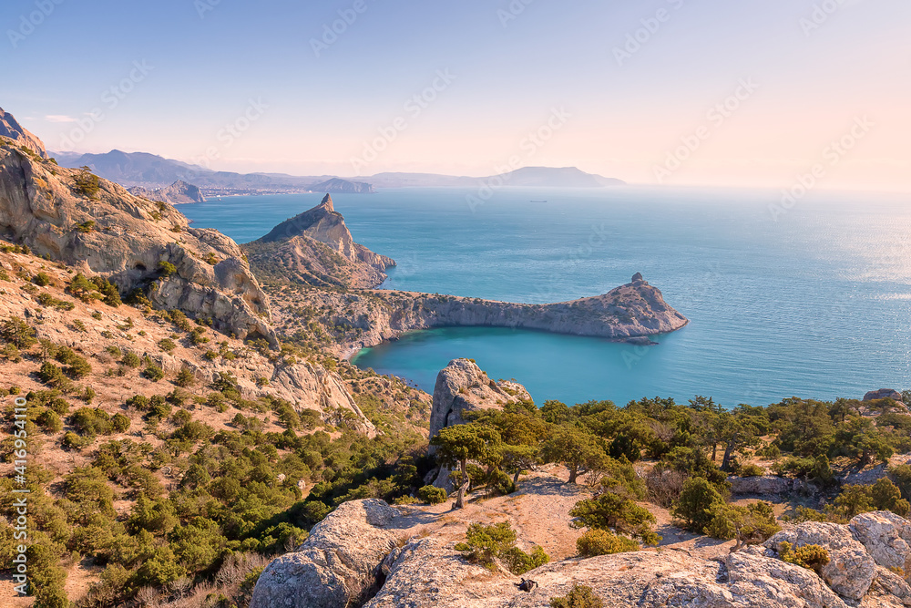The southern coast of New world at pink dawn. Crimea peninsula and Black Sea
