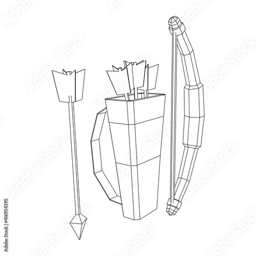 Medieval Bow and arrow archer weapon. Wireframe low poly mesh vector illustration.