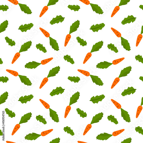Vector seamless pattern with hand drawn cartoon carrot and lettuce leaf
