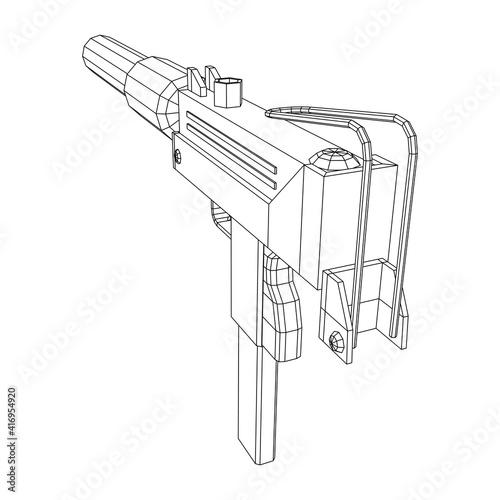 Fototapeta Naklejka Na Ścianę i Meble -  Submachine gun modern firearms pistol with silencer. Wireframe low poly mesh vector illustration.