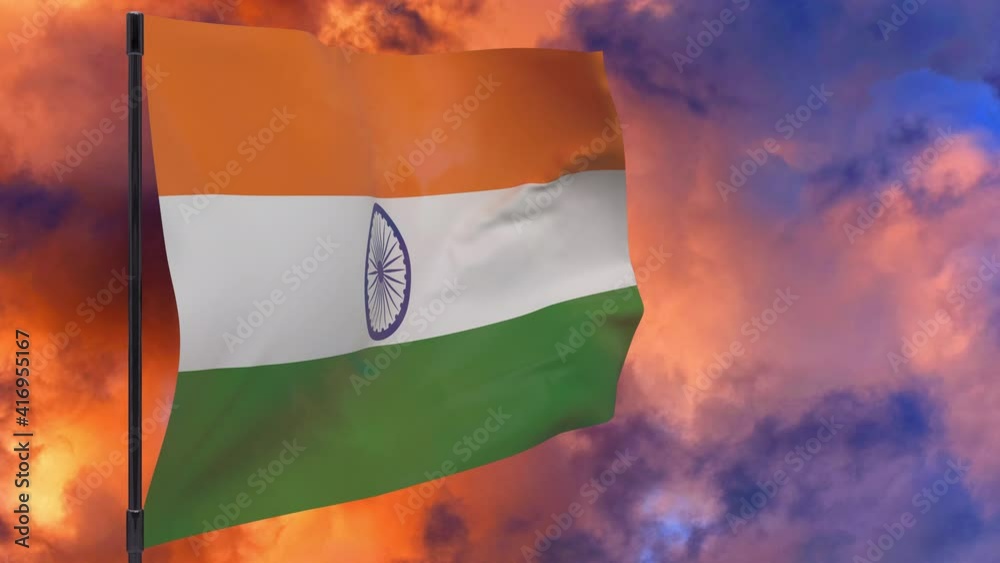 India flag on pole with sky background seamless loop 3d animation Stock