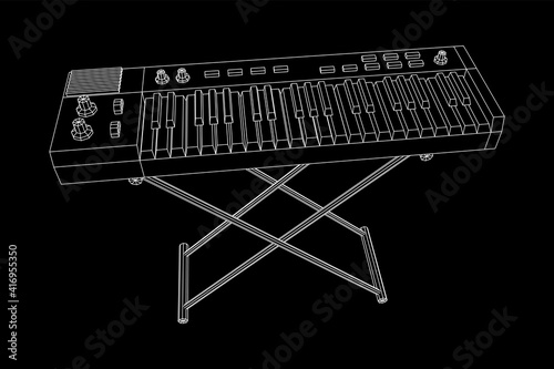Piano roll analog synthesizer faders buttons knobs. Wireframe low poly mesh vector illustration.