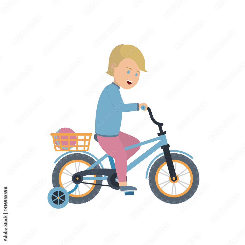 A boy without a helmet rides a four-wheeled bicycle. Isolated A boy without a helmet rides a four-wheeled bicycle. Isolated