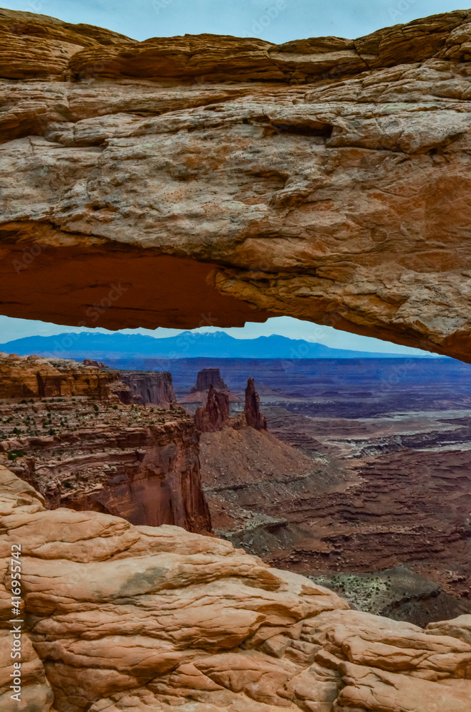 View from Mesa Arch in Canyonlands National Park near Moab, Utah, US