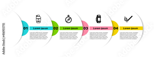 Set line Canteen water bottle, Compass, Thermos container and Burning match with fire. Business infographic template. Vector.