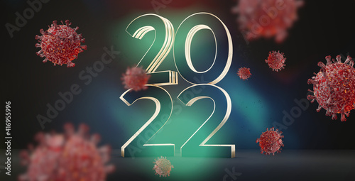2022 and red virus cells 3d...