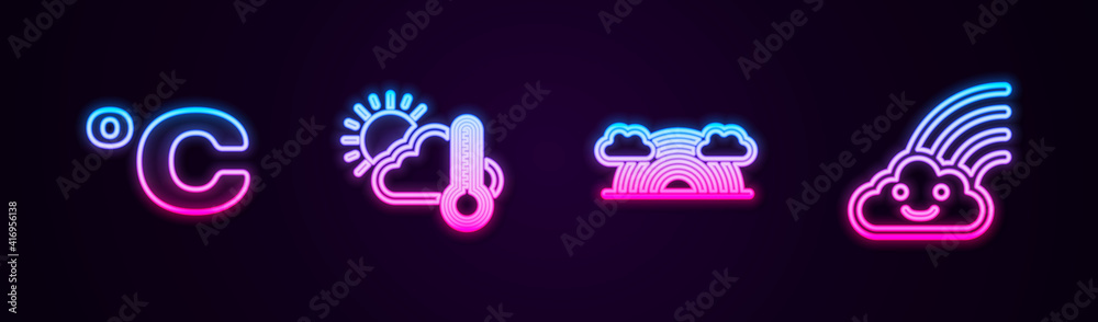Set line Celsius, Thermometer and cloud, sun, Rainbow with clouds and . Glowing neon icon. Vector. Set line Celsius, Thermometer and cloud, sun, Rainbow with clouds and . Glowing neon icon. Vector.
