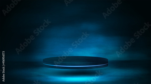 Empty dark podium for product presentation, 3d realistic vector illustration. Blue and dark digital scene