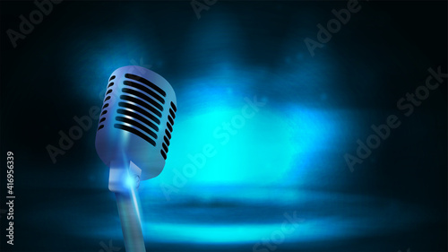 Single silver old school broadcast microphone on background with dark and blue empty scene. Poster with microphone and copy space