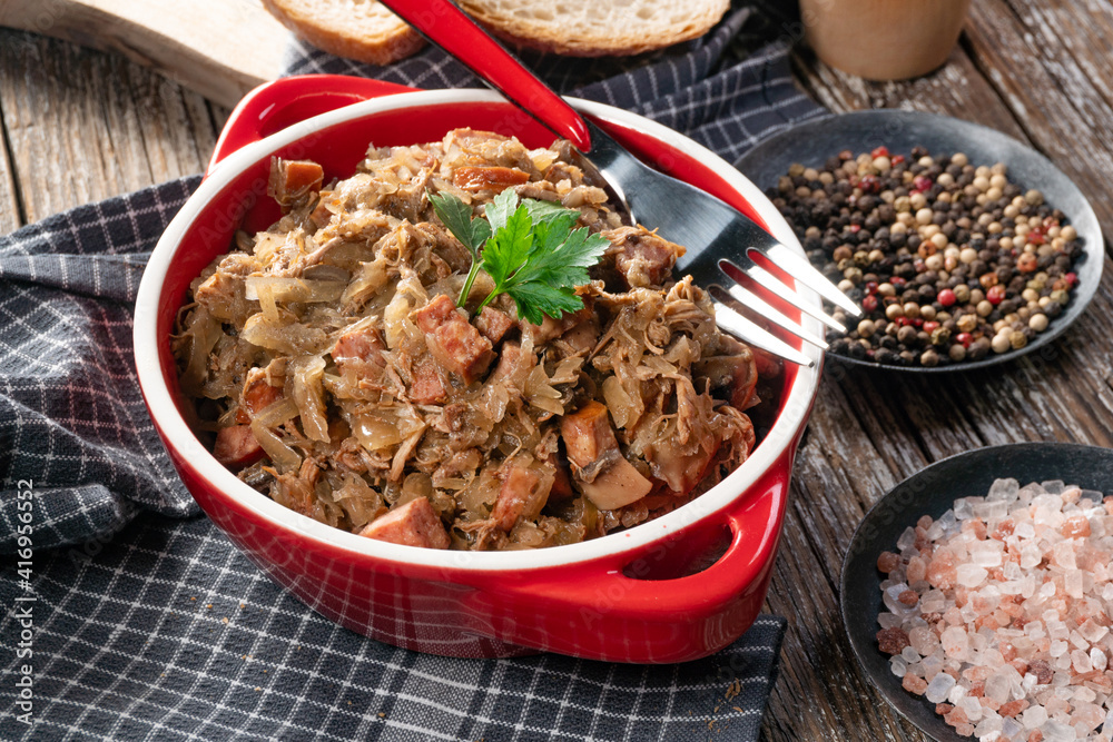 Bigos - sauerkraut stewed with meat, dried mushrooms and sausage. Bigos - sauerkraut stewed with meat, dried mushrooms and sausage.
