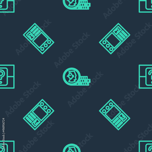 Set line Coin for game, Create account screen and Mystery random box on seamless pattern. Vector. © vector_v