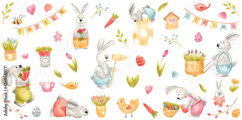 Set of watercolor Easter elements. Spring kids illustration with Easter Bunny, eggs, flowers, birds, bees, paty flags