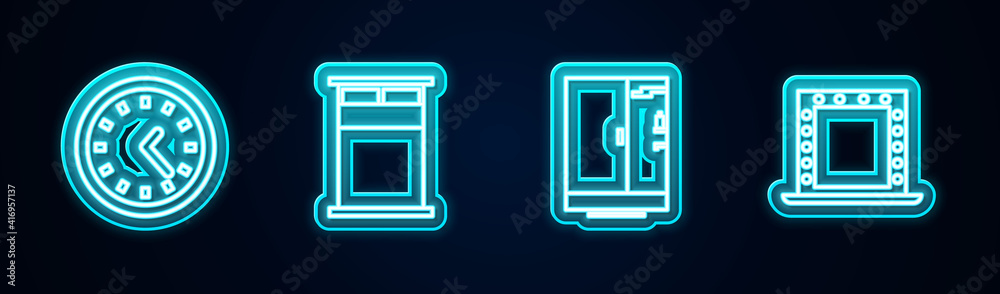 Set line Clock, Big bed, Shower cabin and Makeup mirror with lights. Glowing neon icon. Vector. Set line Clock, Big bed, Shower cabin and Makeup mirror with lights. Glowing neon icon. Vector.