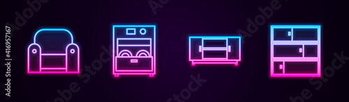 Set line Armchair, Kitchen dishwasher machine, TV table stand and Shelf. Glowing neon icon. Vector.