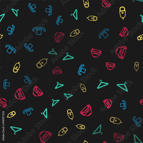 Set line Man hat, Hanger wardrobe, Police cap with cockade and Sport bag on seamless pattern. Vector.