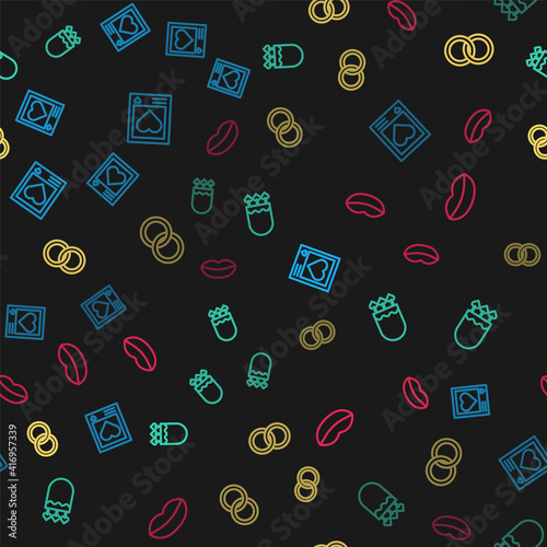 Set line Photo frames and hearts, Quiver arrows with, Wedding rings and Smiling lips on seamless pattern. Vector.