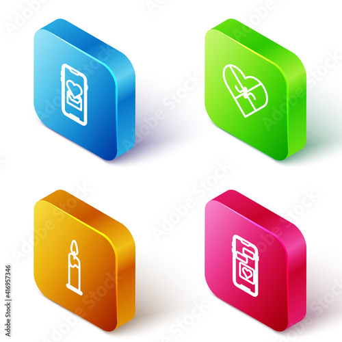 Set Isometric line Mobile with heart, Candy in shaped box, Burning candle and icon. Vector.