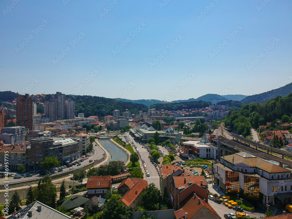 The aerial view to the city center of Uzice, Serbia