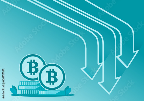 Bitcoin Price Value Stock Market Demand Decline Drop Fall Down Vector illustration. Cryptocurrency and Cyber Currency investment Element.  Can be used Digital and Printable infographic.