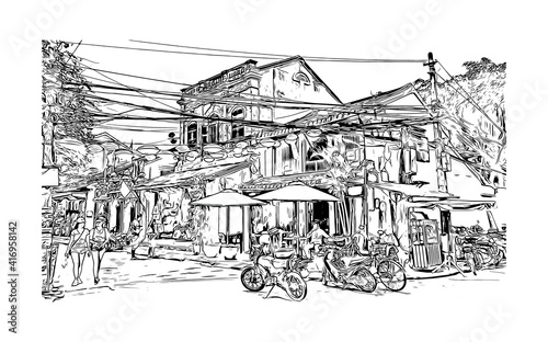 Building view with landmark of Hoi An is a city on Vietnam. Hand drawn sketch illustration in vector.