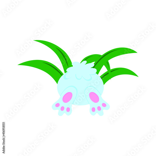 Cute blue rabbit in green bushes on a white isolated background. Vector spring illustration.