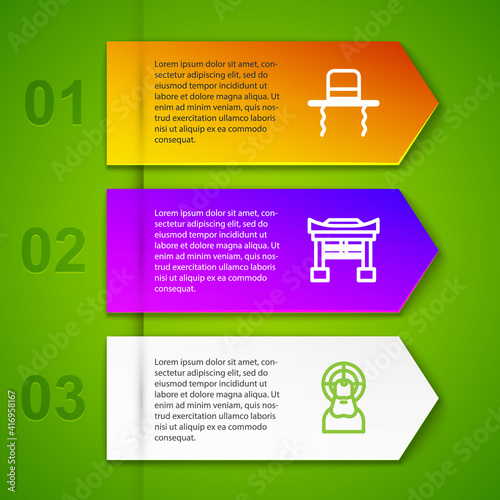 Set line Orthodox jewish hat with sidelocks, Japan Gate, Jesus Christ and Jainism. Business infographic template. Vector.