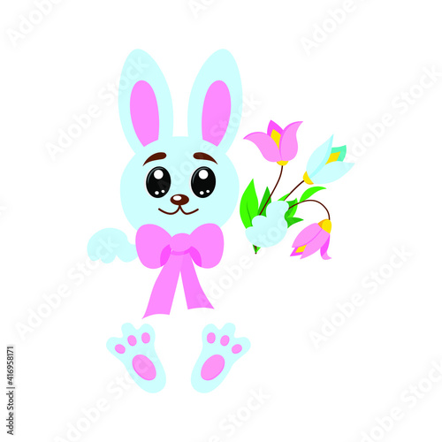 Cute blue rabbit with a bouquet of spring flowers on a white isolated background. Vector spring illustration.