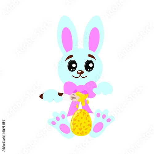 A blue easter bunny holding a paintbrush and an egg on a white isolated background. Vector easter drawing hare paint egg flat, cartoon design.