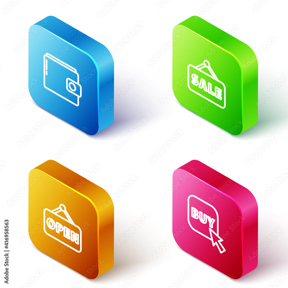 Set Isometric line Wallet, Hanging sign with Sale, Open and Buy button icon. Vector. Set Isometric line Wallet, Hanging sign with Sale, Open and Buy button icon. Vector.