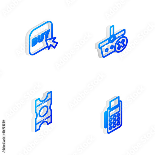 Set Isometric line Remove shopping basket, Buy button, Coupon and POS terminal with credit card icon. Vector.