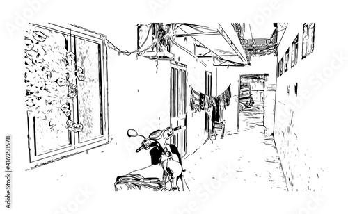 Building view with landmark of Hoi An is a city on Vietnam. Hand drawn sketch illustration in vector.