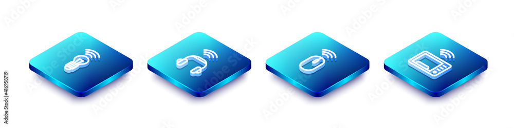 Set Isometric line Smart light bulb, headphones, Wireless mouse and microwave oven icon. Vector. Set Isometric line Smart light bulb, headphones, Wireless mouse and microwave oven icon. Vector.