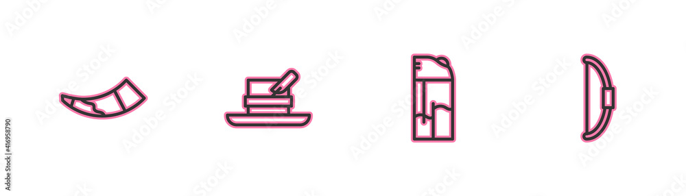 Set line Hunting horn, Lighter, Hunter hat with feather and Bow icon. Vector. Set line Hunting horn, Lighter, Hunter hat with feather and Bow icon. Vector.