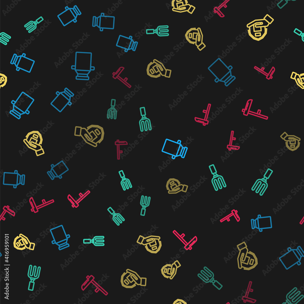 Set line Can container for milk, Garden rake, Farm house hand and Scythe on seamless pattern. Vector. Set line Can container for milk, Garden rake, Farm house hand and Scythe on seamless pattern. Vector.