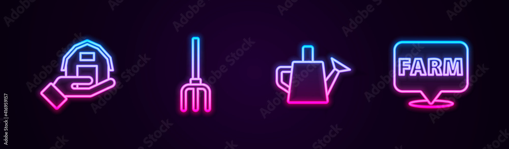 Set line Farm house in hand, Garden pitchfork, Watering can and Location farm. Glowing neon icon. Vector. Set line Farm house in hand, Garden pitchfork, Watering can and Location farm. Glowing neon icon. Vector.
