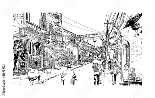 Building view with landmark of Hoi An is a city on Vietnam. Hand drawn sketch illustration in vector.