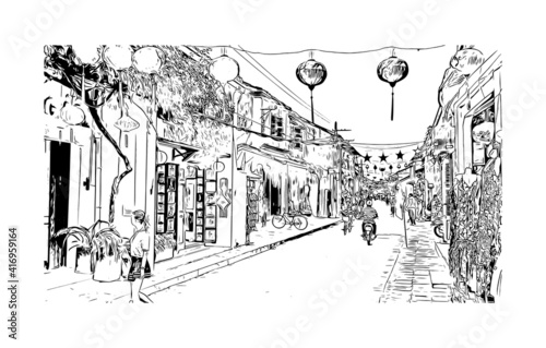 Building view with landmark of Hoi An is a city on Vietnam. Hand drawn sketch illustration in vector.