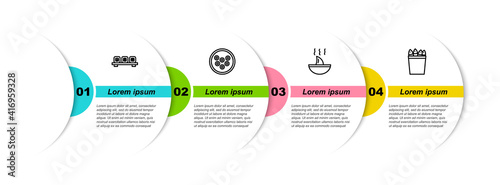 Set line Sushi on cutting board, Caviar plate, Shark fin soup and Fishing bucket with fishes. Business infographic template. Vector.