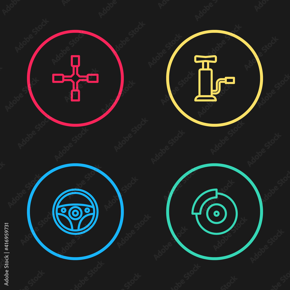 Set line Steering wheel, Car brake disk with caliper, air pump and Wheel wrench icon. Vector. Set line Steering wheel, Car brake disk with caliper, air pump and Wheel wrench icon. Vector.