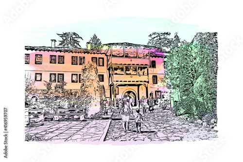 Building view with landmark of Monastery is the largest and most famous Eastern Orthodox monastery in Bulgaria. Watercolour splash with hand drawn sketch illustration in vector.