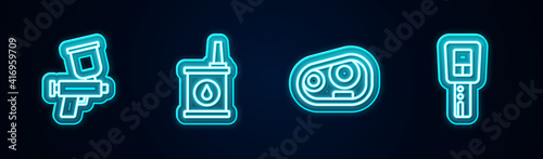 Set line Paint spray gun, Canister for motor oil, Car headlight and key with remote. Glowing neon icon. Vector.
