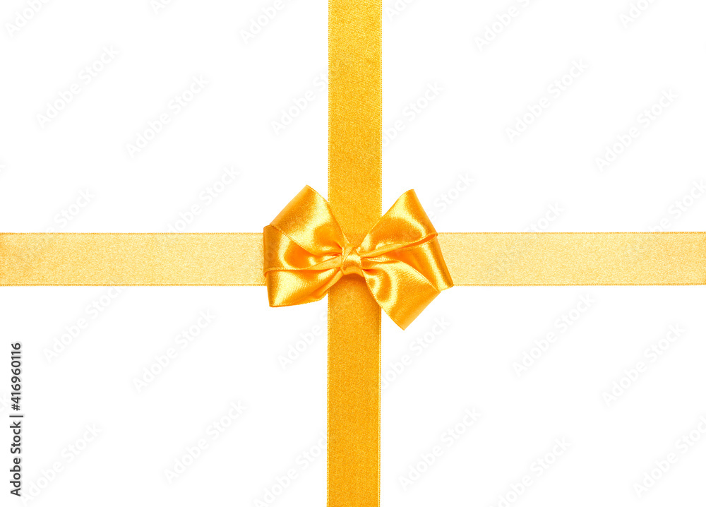Festive golden gift ribbon and bow isolated on white background cutout Festive golden gift ribbon and bow isolated on white background cutout
