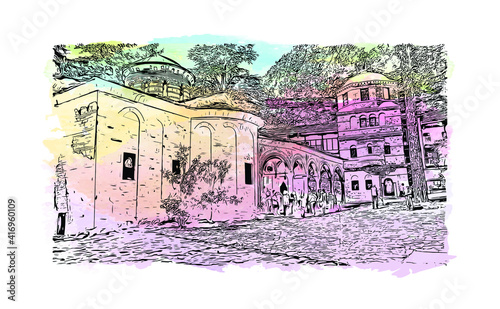 Building view with landmark of Monastery is the largest and most famous Eastern Orthodox monastery in Bulgaria. Watercolour splash with hand drawn sketch illustration in vector.