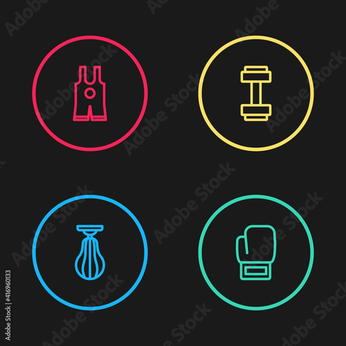 Set line Punching bag  Boxing glove  Dumbbell and Wrestling singlet icon. Vector.