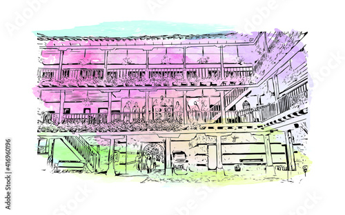 Building view with landmark of Monastery is the largest and most famous Eastern Orthodox monastery in Bulgaria. Watercolour splash with hand drawn sketch illustration in vector.